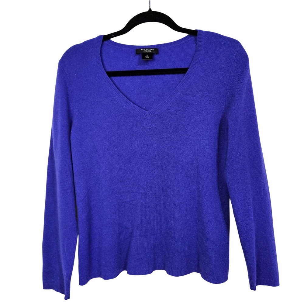 Ann Taylor Blue 100% Cashmere V-Neck Sweater XL Preppy Luxury Minimalist Layer
